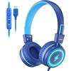 KONNAO Cuffie per bambini per scuola, USB tipo C, cuffie per bambini con luci LED, cablate per ragazzi e ragazze, con limitatore di sicurezza 85 dB/94 dB, cuffie pieghevoli con microfoni per scuola
