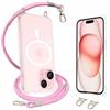 AHABIPERS Cover Magnetica con Cordino per iPhone 15 6,1 Pollici Compatibile con MagSafe, Protezione Antiurto Custodia Trasparente + Rimovibile Regolabile Nylon Tracolla Catena Cordino da Collo (Rosa)
