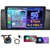 Hikity 8 Core 4G+64G Hikity Android 15 Autoradio per BMW X5 E53 1999-2005 con Wireless Carplay Android Auto, 9 Pollici IPS Touch Screen con Navigatore GPS Bluetooth WiFi FM/RDS DSP Retrocamera