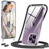 Votvloay Cover per iPhone 14 Pro con Cordino,Trasparente Custodia con Laccio Collana Tracolla Collo Corda Regolabile,Silicone Antiurto AntiGraffio Protettiva Case per iPhone 14 Pro 6,1,Nero