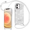 Krdvekm Cover per iPhone 12 Pro / 12 6,1'' con Cordino, Aesthetic Fiori Motivo Disegno Trasparente Silicone Ragazze Case Corda con Regolabile Laccio Antiurto Antigraffio Bumper Custodia, Bianco