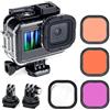 GEPULY Custodia impermeabile con filtri subacquei per GoPro Hero 9 10 11 12 nero, custodia protettiva subacquea con 3 filtri rosso, boccaglio, magenta, 5 filtri HD close-up