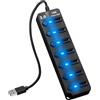 Oupdate Hub 5Gbps Con 7 Porte USB 3.0, Multiple Con Interruttori Separati per PC, Laptop, e Dispositivi, Porta Multipla Con Cavo da 26 cm, Splitter Con LED