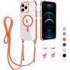 Beajew Cover Magnetica per iPhone 12 Pro Max con Regolabile Rimovibile Corda da Collo Catena Collana [Compatibile con MagSafe] Clear Case con Cellulare per iPhone 12 Pro Max, Arancione