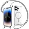 Pnakqil Magnetica Cover con Cordino per iPhone 14 Pro, Compatibile con Magsafe Ricarica Wireless,Trasparente Placcatura Disegno Custodia con Collana Laccio Tracolla Resistente Protettiva Case, Argento