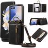 YANJIEER ESONG Cover per Samsung Galaxy Z FLIP 7 Portafoglio Case con Cordino Cinturino e Ring,Custodia A Libro In Pelle Flip Cerniera,Caso per Donna Con Porta Carte,Magnetica,Supporto Nero