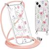Krdvekm Cordino Cover per iPhone 13 Mini 5,4'', Aesthetic Fiori Motivo Disegno Magnetica Trasparente PC Compatibile con MagSafe Case Corda Laccio Antiurto Protettiva Custodia per Ragazze, Rosa