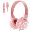 KONNAO Cuffie per bambini per scuola, USB tipo C, cuffie per bambini con luci LED, cablate per ragazzi e ragazze, con limitatore di sicurezza 85 dB/94 dB, cuffie pieghevoli con microfoni per scuola