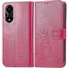 RankOne Custodia in Pelle per HONOR X5 Plus (6.56 Inches), Cover a Portafoglio con 3 Fessure per Carte 1 Tasca Portamonete Motivo Quadrifoglio - Rosso