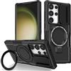 Yarxiawin Custodia per Samsung Galaxy S24 Ultra 5g, Nero Armor Protezione Fotocamera Scorrevole Case per Samsung S24 Ultra Cover Antiurto rigida con Anello Supporto Magnetico (Nero)
