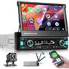 VECHTEL Autoradio 1 DIN Carplay Android Auto Wireless con schermo da 7 pollici estensibile manualmente,AM/FM/RDS radio 1 DIN con Bluetooth GPS/Navi,Mirror Link,USB/Type-C con telecamera posteriore