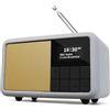 LEMEGA CR7 Mini radio DAB+ portatile con Bluetooth (batteria fino a 12 ore, FM, IPX4, impermeabile, custodia in legno, superficie in pelle, cordino, doppia sveglia, timer per il sonno, 40 preselezioni
