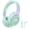 RockPapa Share 1 Cuffie per Bambini, Cuffie con Filo e Microfono per Bambina Ragazzi, 85/94dB Limitatore di Volume, Funzione Condivisione, Cuffie Pieghevoli per Scuola/Telefono/PC, Verde Viola
