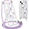 Krdvekm Cordino Cover per iPhone 13 Mini 5,4'', Aesthetic Fiori Motivo Disegno Magnetica Trasparente PC Compatibile con MagSafe Case Corda Laccio Antiurto Protettiva Custodia per Ragazze, Viola