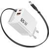 YKEJCLD Caricatore USB C da 65 W GaN con cavo di ricarica retrattile (0,7 m), 3 porte, compatibile con MacBook Pro/Air,iPhone 17 Pro/Air/16/15,iPad, Galaxy S25/S24, Steam Deck ecc (bianco)