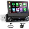 podofo Autoradio 1 DIN Wireless Carplay con touch screen retrattile manuale da 7 pollici, radio Bluetooth DIN singolo con Android Auto FM EQ Mirror Link USB-C Comandi al volante