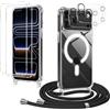 Olgary Magnetica Cover con Cordino per iPhone 17 Pro con 2 Vetro Temperato e 2 Vetro Fotocamera, Trasparente Ultra Sottile Silicone Antiurto Protettiva Custodia con Regolabile Laccio Collana, Nero
