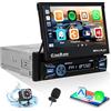 CAMECHO Wireless Carplay e Android Auto Autoradio 1 Din, 7 Pollici Elettrico Scomparsa Schermo Stereo con Mirror LInk Bluetooth FM EQ Doppia USB Type-C Comandi al volante+Telecamera+MIC