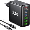HSSNS Caricatore HSSNS da 300 W, 6 porte, rapido multiplo 3 USB-C e 3 A, GaN PD per MacBook, iPad Pro e Air, iPhone 16 e 15 Pro Max, Samsung