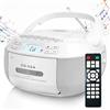 Greadio Boombox CD Player portatile, lettore a cassette con Bluetooth, radio FM con telecomando, riproduzione AUX/USB, registratore a cassette, cavo AC/batteria, schermo LCD per bambini (bianco)