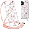 Krdvekm Cordino Cover per iPhone 14 Pro Max 6,7'', Aesthetic Fiori Motivo Disegno Magnetica Trasparente PC Compatibile con MagSafe Case Corda Laccio Antiurto Protettiva Custodia per Ragazze, Rosa