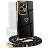YAMCCCSE Cover per Honor 200 Lite 5G con Collana Amore Cuore Custodia per Silicone Sottile Laccio Tracolla Case con Protezione Fotocamera Dorata Placcatura Cornice Paraurti, Nero