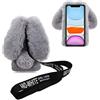 DasKAn Cover per iPhone 14 6,1 3D Orecchie di Coniglio Pelliccia con Tracolla, Inverno Caldo Fatto A Mano Lucido Diamante Morbido Peluche Custodia Protettiva Cassa Del Telefono Grigio Chiaro