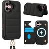 FALUWONRU Compatibile per iPhone 16 Cover con cordino Custodia a Portafoglio porta carte cover custodia magnetica in pelle rimovibile custodia a libro portacellulare da collo donna,Nero
