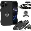 IBETEK Cover per Apple iPhone 16 Pro Max con Cordino e Anello Supporto, Custodia Protettiva in Silicone TPU Morbido con Bordo Ondulato, Antiurto, con Bague Girevole 360°, Collare Regolabile, Nero