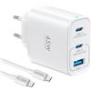 TOPADRE 45W Caricatore USB C Rapido, 3Porto Presa Multiplo USB, Spina Alimentatore Type C Caricabatterie per Samsung Galaxy S24 /S23 per iPhone 15/14/13, Spinotto Muro Adattatore, Bianco con 60W Cavo