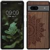 kwmobile Custodia Compatibile con Google Pixel 7a Cover - Back Case in Legno con Bumper in Silicone TPU - Sole marrone scuro