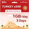 TSIM eSIM prepagata Turchia per viaggi | 03 giorni 1GB/giorno Velocità 5G | Hotspot consentito | Codice QR eSIM inviato via e-mail entro 24 ore dalla spedizione | Scansiona il codice QR e utilizza