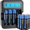 Hixon Batteria AA al litio ricaricabile, 1,5 V, 3500 mWh e 1600 cicli lunghi, 8 batterie AA da 1,5 V con caricatore LCD nero rapido