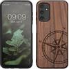 kwmobile Custodia Compatibile con Samsung Galaxy A14 5G Cover - Back Case in Legno con Bumper in Silicone TPU - Bussola vintage marrone scuro