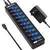 VEMONT Hub USB attivo 3.0 con alimentatore di rete, VEMONT 11 porte USB (10 porte 3.0, 1 porta di ricarica intelligente) con alimentatore di rete 12 V/3 A, splitter USB con interruttore individuale e cavo