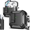 R-fun Custodia per AirPods 4 con kit di pulizia, elementi in fibra di carbonio, copertura pop-up automatica a prova di caduta, supporto per telefono e base magnetica con gancio a moschettone