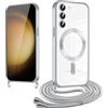 Knrlqim Magnetica Cover con Cordino per Samsung Galaxy S23 5G,Custodia con Laccio Collana Tracolla Collo Corda Regolabile,Compatibile con Magsafe,Trasparente Placcatura Silicone Case,Argento