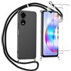 MQERYBV Cover per Honor X5 Plus, con Pellicola Protettiva Vetro Temperato Custodia con Cordino Silicone Cellulare Girocollo Collana Necklace Protettiva Bumper Antiurto Case, Nero