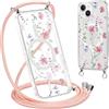 Krdvekm Cordino Cover per iPhone 14 / iPhone 13 6,1'', Aesthetic Fiori Motivo Disegno Magnetica Trasparente PC Compatibile con MagSafe Case Corda Laccio Antiurto Protettiva Custodia per Ragazze, Rosa