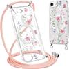 Krdvekm Cordino Cover per iPhone 16E 6,1'', Aesthetic Fiori Motivo Disegno Magnetica Trasparente PC Compatibile con MagSafe Case Corda Laccio Antiurto Protettiva Custodia per Ragazze, Rosa
