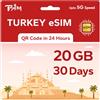 TSIM eSIM prepagata Turchia per viaggi | 30 giorni 20GB 5G Velocità | Hotspot consentito | Codice QR eSIM inviato via e-mail entro 24 ore dalla spedizione | Scansiona il codice QR e utilizza