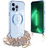 Pnakqil per Magnetica Cover per iPhone 13 Pro Max con Cordino, Compatibile con MagSafe, Ultra Sottile Cuore Silicone Custodia con Laccio Tracolla, Elettrolitico TPU Case con Collana, Blu Oro