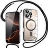 Pnakqil Magnetica Cover con Cordino per iPhone 16 Pro Max, Compatibile con Magsafe Ricarica Wireless, Trasparente Placcatura Disegno Custodia con Collana Laccio Tracolla per iPhone 16 Pro Max, Nero