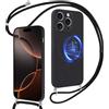 Coiwxmoi Magnetica Cover per iPhone 16 Pro con Cordino Compatibile con MagSafe Custodia Liquido Silicone Antiurto Protettiva Case con Laccio Collana Tracolla Corda,Nero