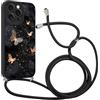 Krdvekm Custodia con Cordino per iPhone 15 Pro Max 6,7 Cover del Modello Farfalla Nera con Laccio Collana Morbido TPU Bumper Silicone Antiurto Protettivo Case Regolabile Cellulare Girocollo, 05