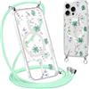 Krdvekm Cordino Cover per iPhone 16 Pro 6,3'', Aesthetic Fiori Motivo Disegno Magnetica Trasparente PC Compatibile con MagSafe Case Corda Laccio Antiurto Protettiva Custodia per Ragazze, Verde