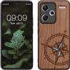 kwmobile Custodia Compatibile con Xiaomi Redmi Note 13 PRO+ 5G / Redmi Note 13 PRO Plus 5G Cover - Back Case in Legno con Bumper in Silicone TPU - Bussola Vintage Madreperla Marrone Scuro
