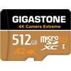Gigastone 【Recupero dati 0 per 5 anni】GIGASTONE 512 GB Scheda di Memoria, Camera Extreme, Velocità fino a 160/130 MB/s, per Gopro, DJI, Insta360, 4K Video, UHS-I U3 A2 V30 C10 Micro SDXC con Adattatore