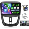 Ohradio 2G+64G Android Autoradio per Peugeot 207 2009-2013 Stereo Auto GPS con Wireless Carplay Android Auto Radio FM/RDS WiFi BT SWC + Retrocamera + MIC - 2DIN Schermo Tattile da 9 Pollici