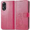 RankOne Custodia in Pelle per OPPO A78 5G (6.56 Inches), Cover a Portafoglio con 3 Fessure per Carte 1 Tasca Portamonete Motivo Quadrifoglio - Rosso